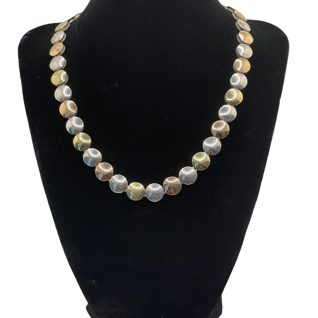 Vintage Lagos Caviar Sterling Silver 18k Gold Disc Necklace 16